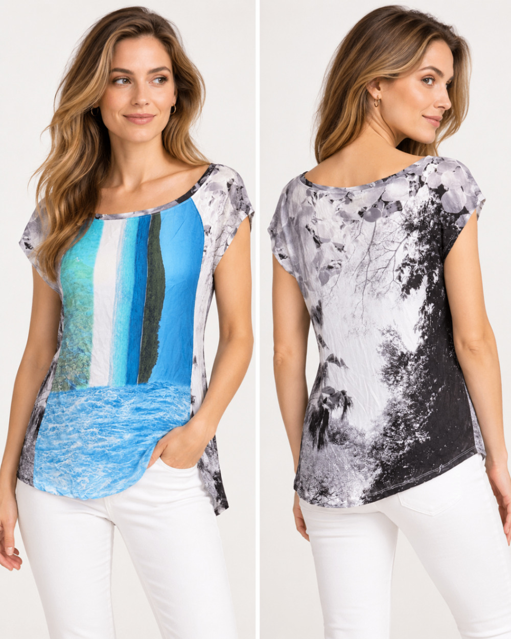 Deletta Womens Small 100% Silk Scenic Print Asymmetrical Hem Blouse